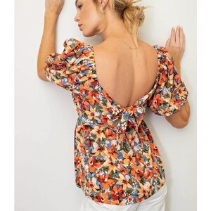 Large Kori Orange Floral Puff Sleeve Blouse